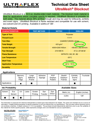 12.5 oz blockout vinyl mesh for street pole banner applications. Great for cold weather and high wind environments as well as large format application