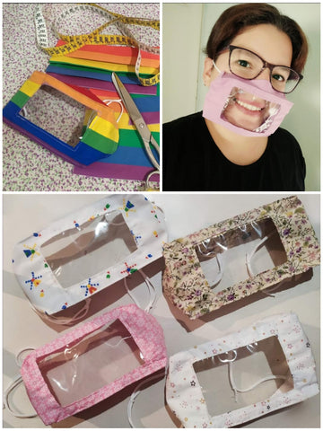 Collage of three images. First one, rainbow lip reading mask and other rainbow fabrics. Second one, Eirianna wearing a lilac lip reading mask. Third one, four lip reading masks with colorful patterns.