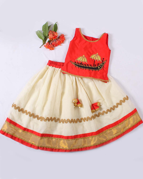 Red And Ivory ‘VALLAMKALI’ Design Skirt Top
