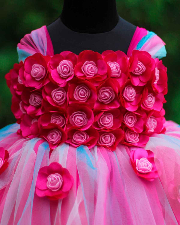 Pink And Peach Asymmetrical Frock With Red Rose Flowers | Flower Frock –  www.liandli.in