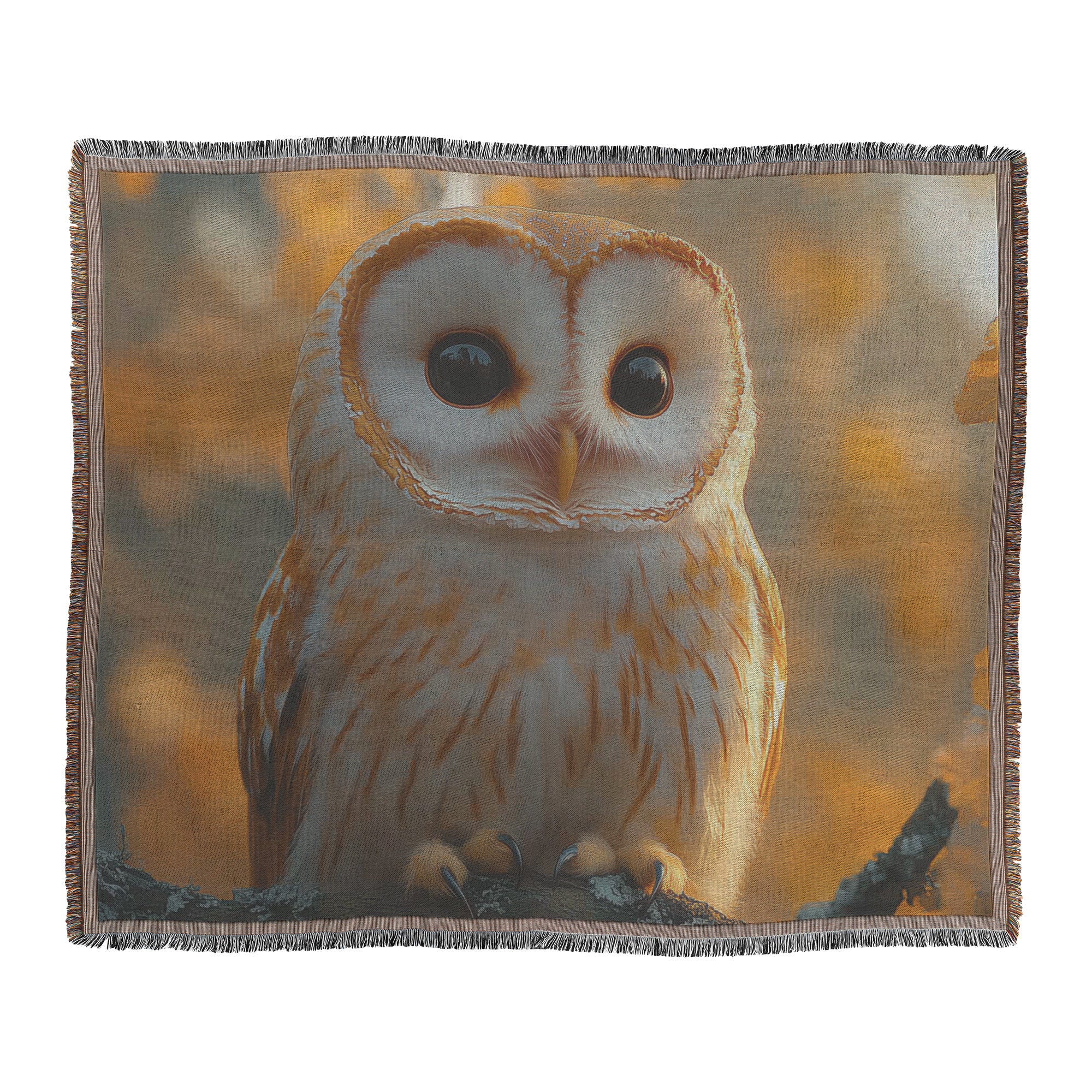 Barn Owl Perched on Autumn Tree Branch Cozy Woven Throw Blanket