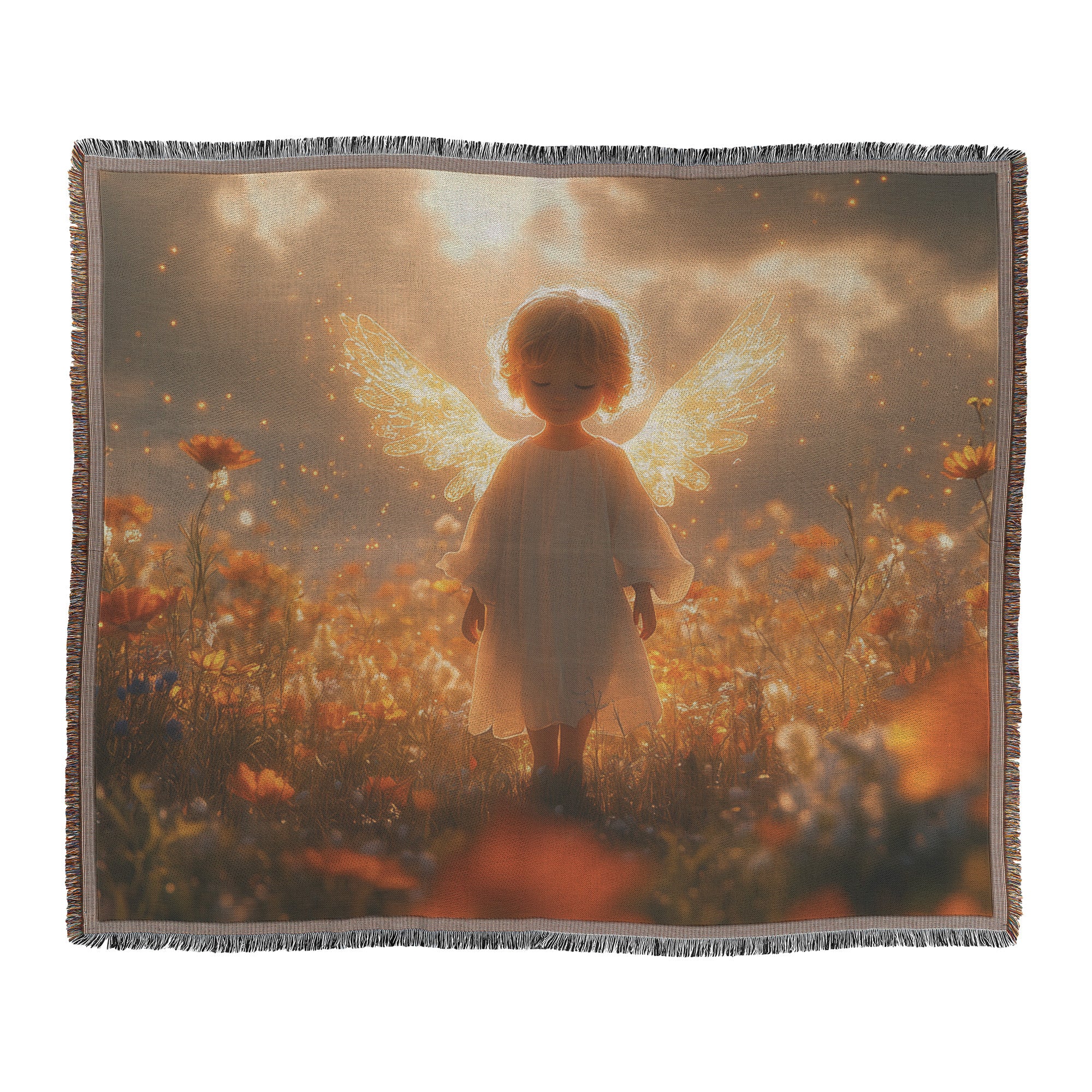 Heavenly Angel in Flower Field with Glowing Wings  Serene Christian Woven Throw Blanket Perfect for Living Room Prayer Spaces Nurseries Divine Light Peace and Inspiration