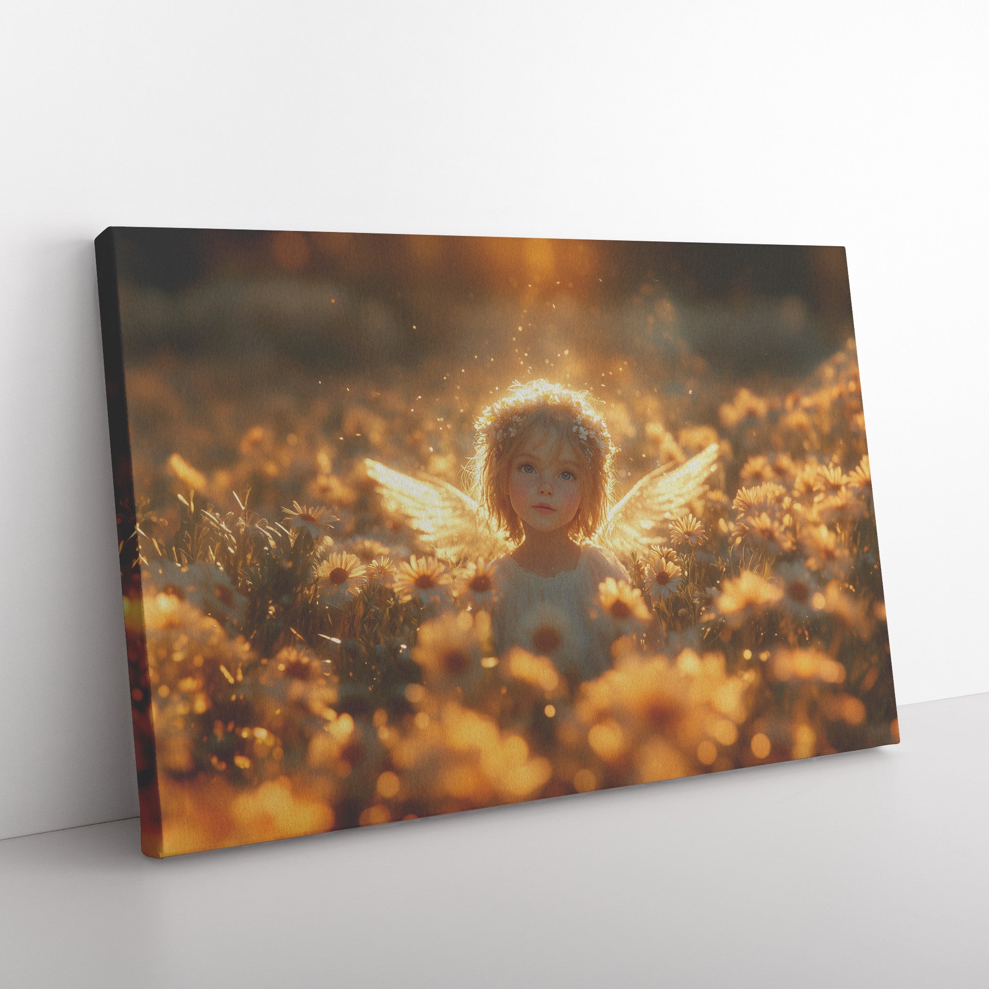 Heavenly Little Angel in a Field of Golden Daisies Bathed in Warm Sunlight Christian Canvas Art for Serenity and Innocence