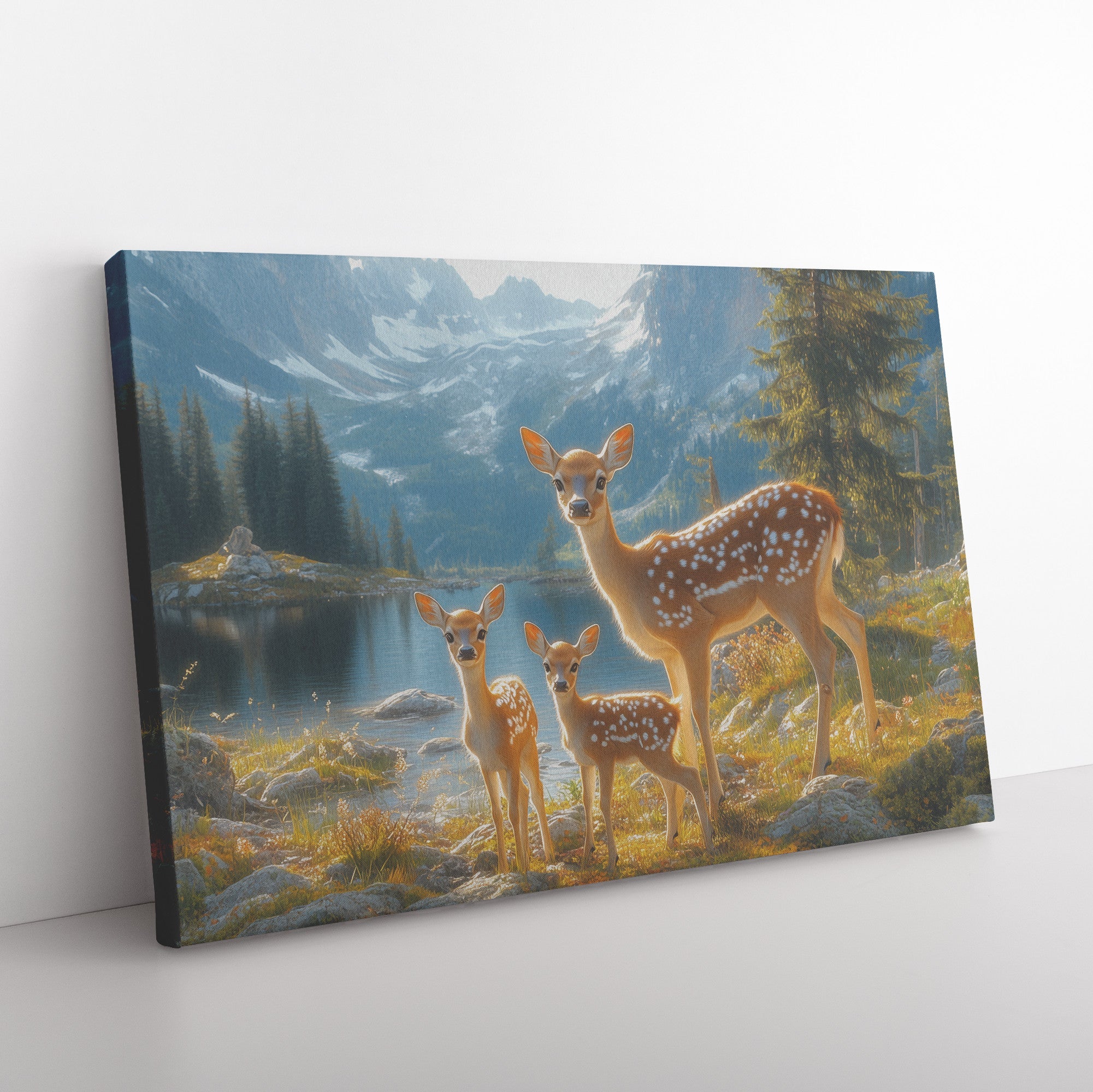 A Family of Deer with Fawn a Lake and Mountains Christian Canvas Wall Art Decor