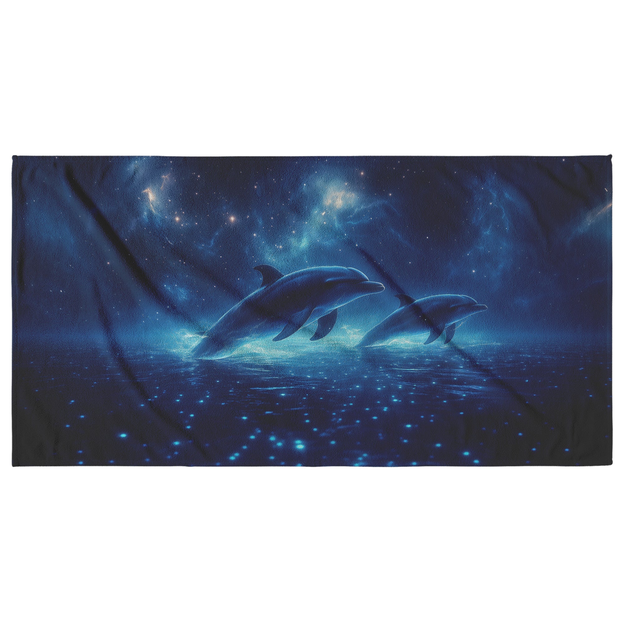 Dolphins Glowing Softly While Swimming Through Bioluminescent Waters Under a Star Filled Sky Beach Towel