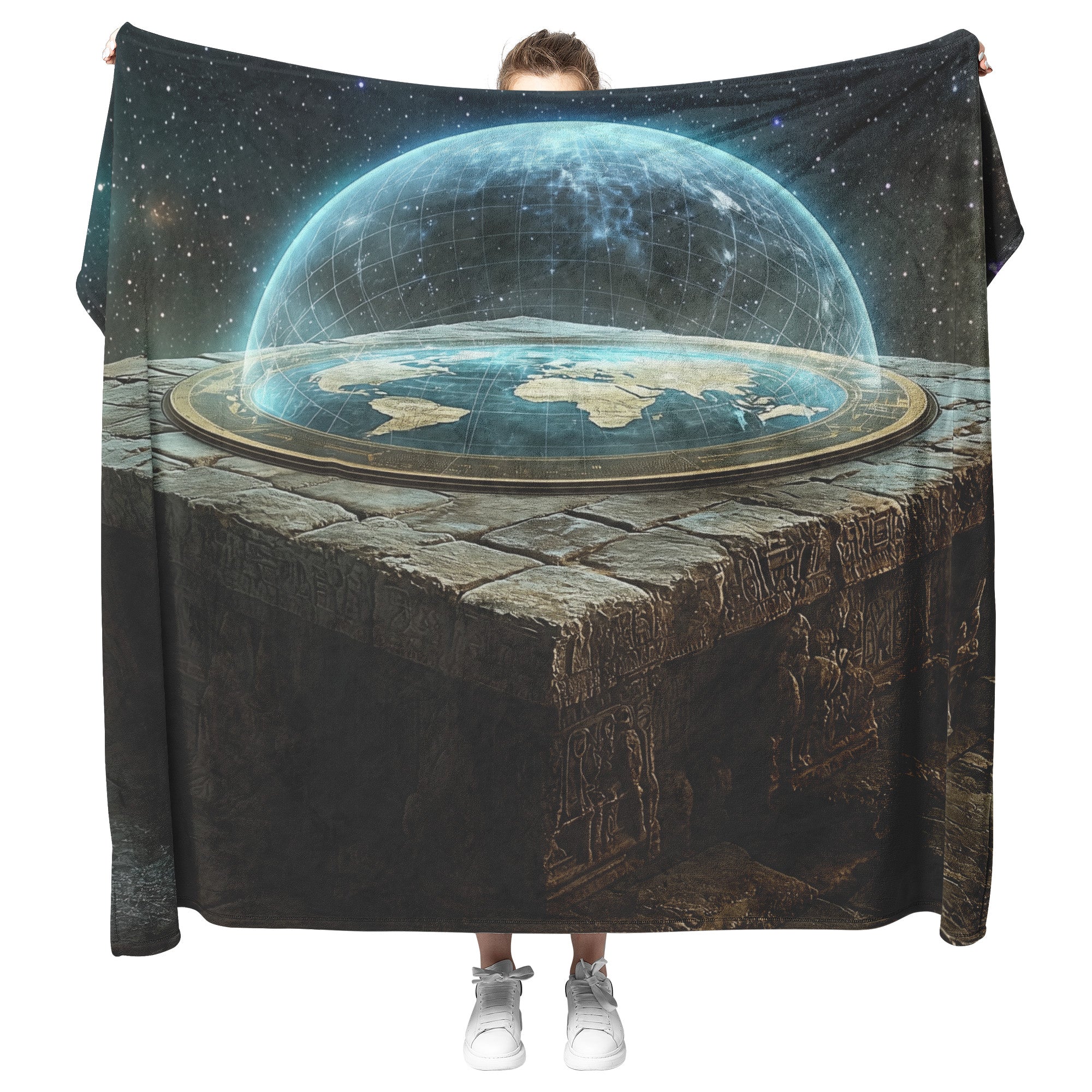 Flat Earth Firmament on Hieroglyph Stone Table with Starry Cosmos Cozy Fleece Sherpa Blanket