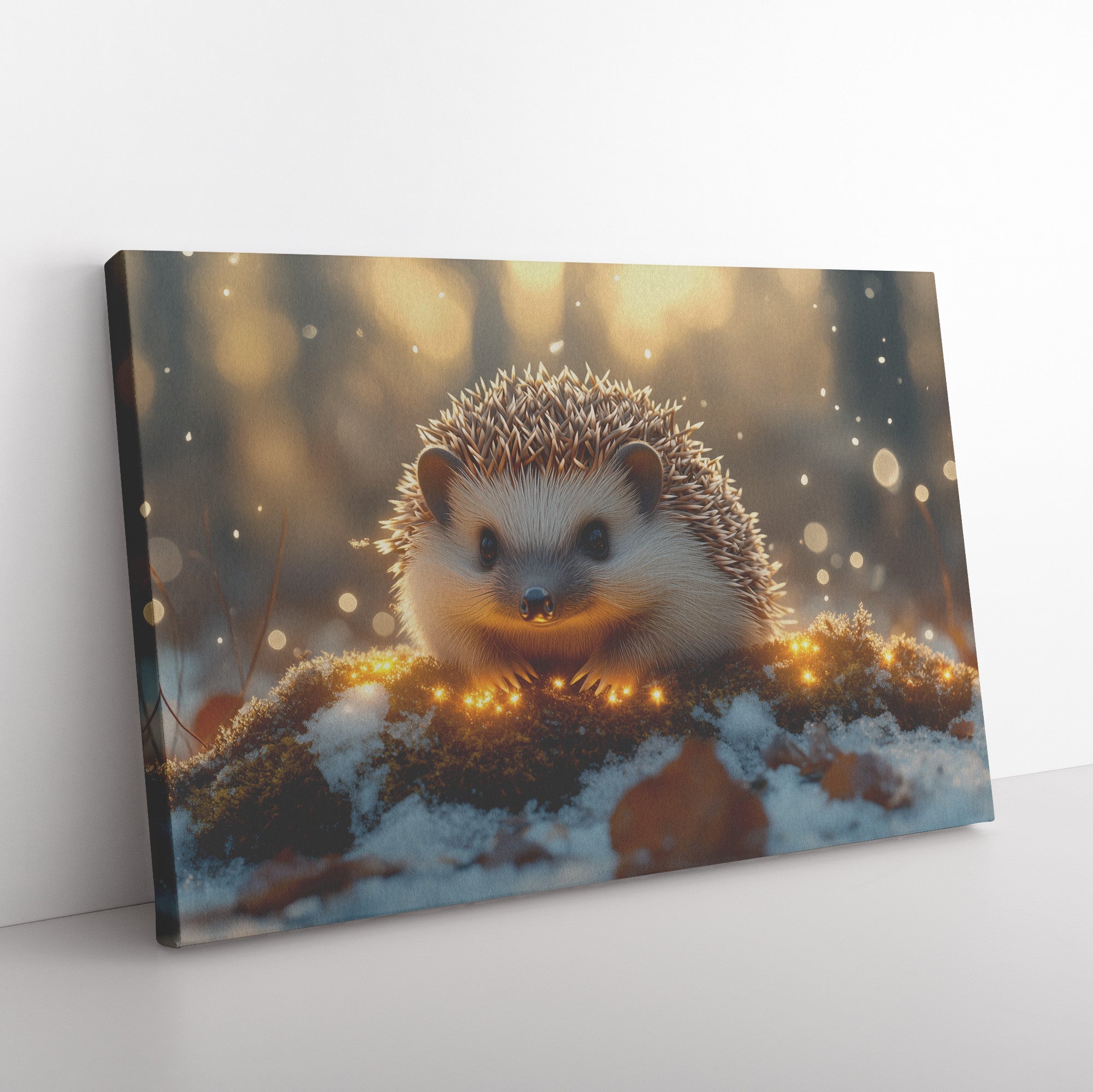 Hedgehog Resting on Snow Covered Glowing Moss with Twinkling Snowflakes Under Silver Moonlight Canvas Wall Art