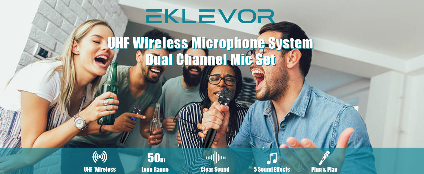 EKLEVOR Karaoke Microphones Wireless 2PCS, UHF Dual Cordless Metal Dynamic Mic System, Microphones Handheld Singing Mic