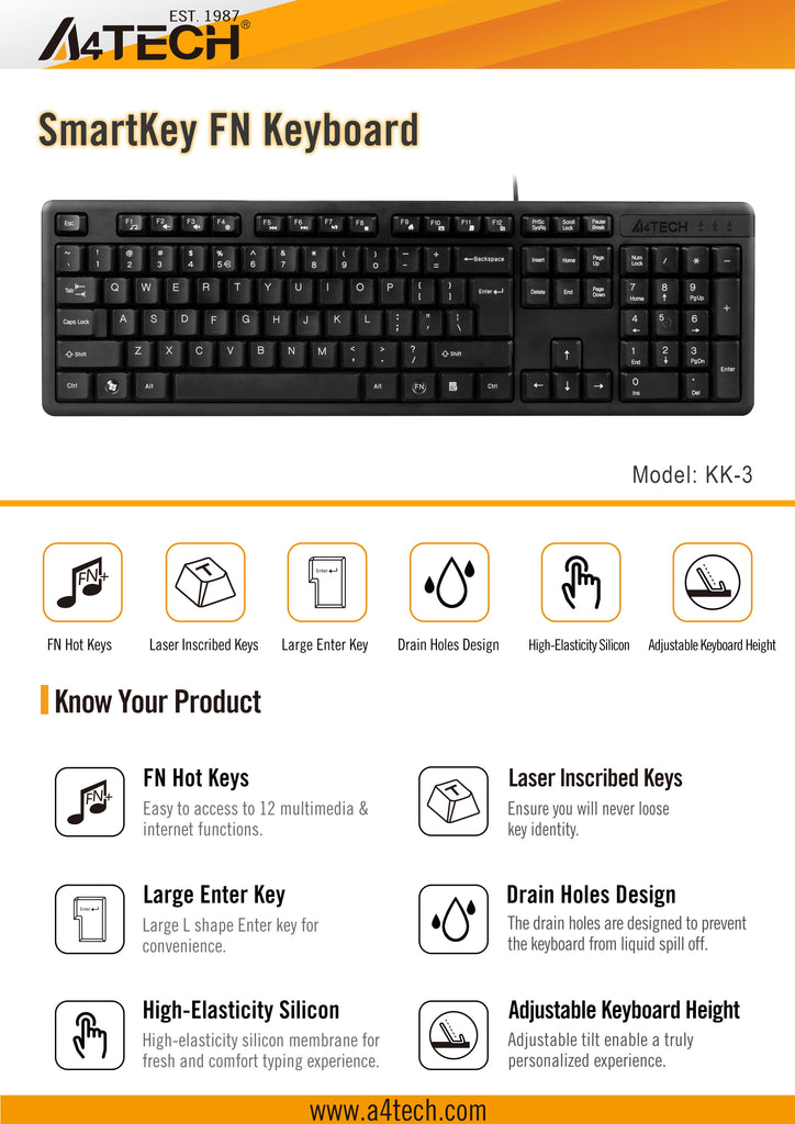 A4Tech KK-3 Computer Keyboard - Multimedia Keyboard - Black