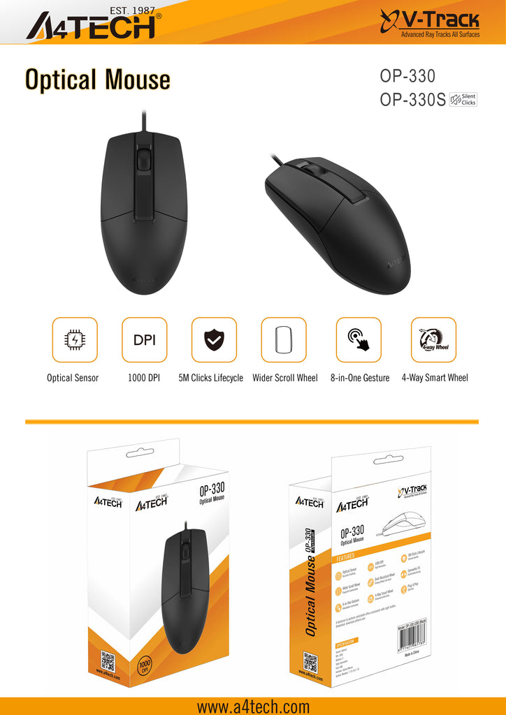 A4Tech OP-330S Silent Click Wired Computer Mouse - Pakistan