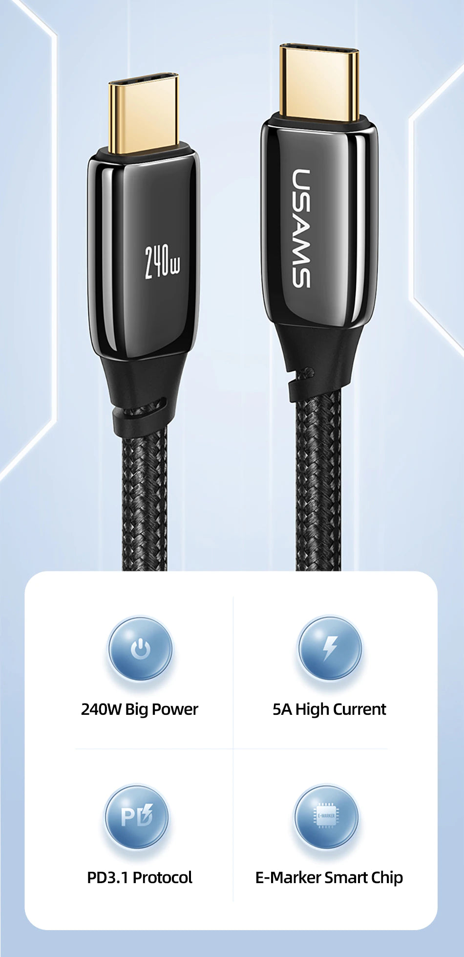 USAMS US-SJ581 U82 240W PD3.1 Zinc Type C Data Cable 2m