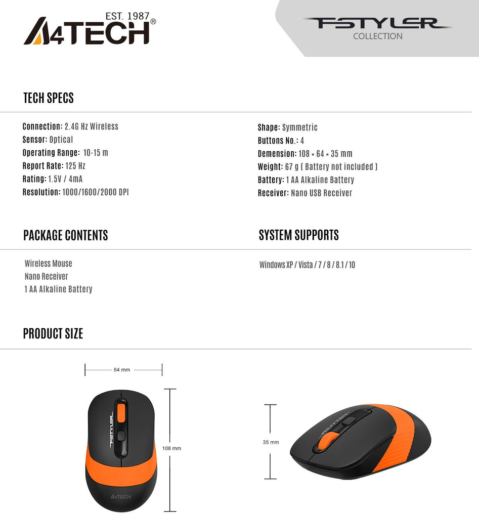 A4Tech FG10S Fstyler Silent Clicks Computer Wireless Mouse