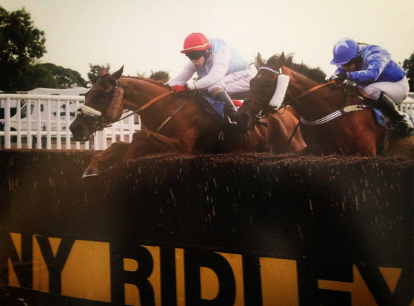 PC Racewear sponsored jump race jockey Peterjon Carberry in action