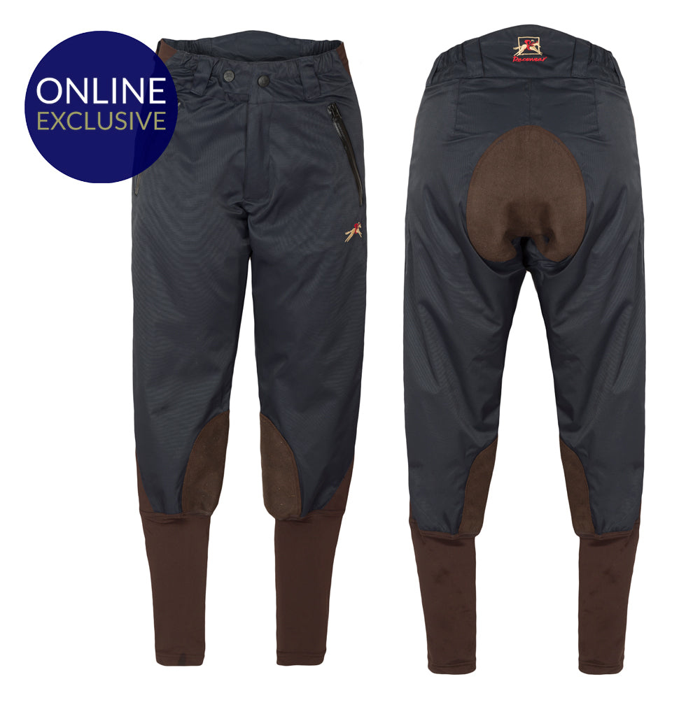 Paul Carberry Racewear PC Breeches Navy and Chocolate Brown. Water resistant horse riding breech.