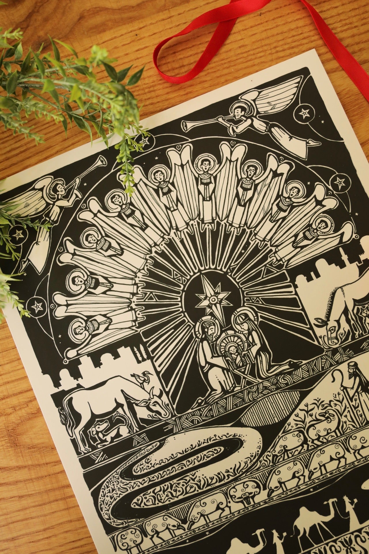 Graphic Print of the Christmas Nativity Scene hand drawn in black and white pen