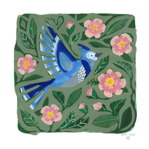 Camelia and Blue Jay Print by Adam Trest