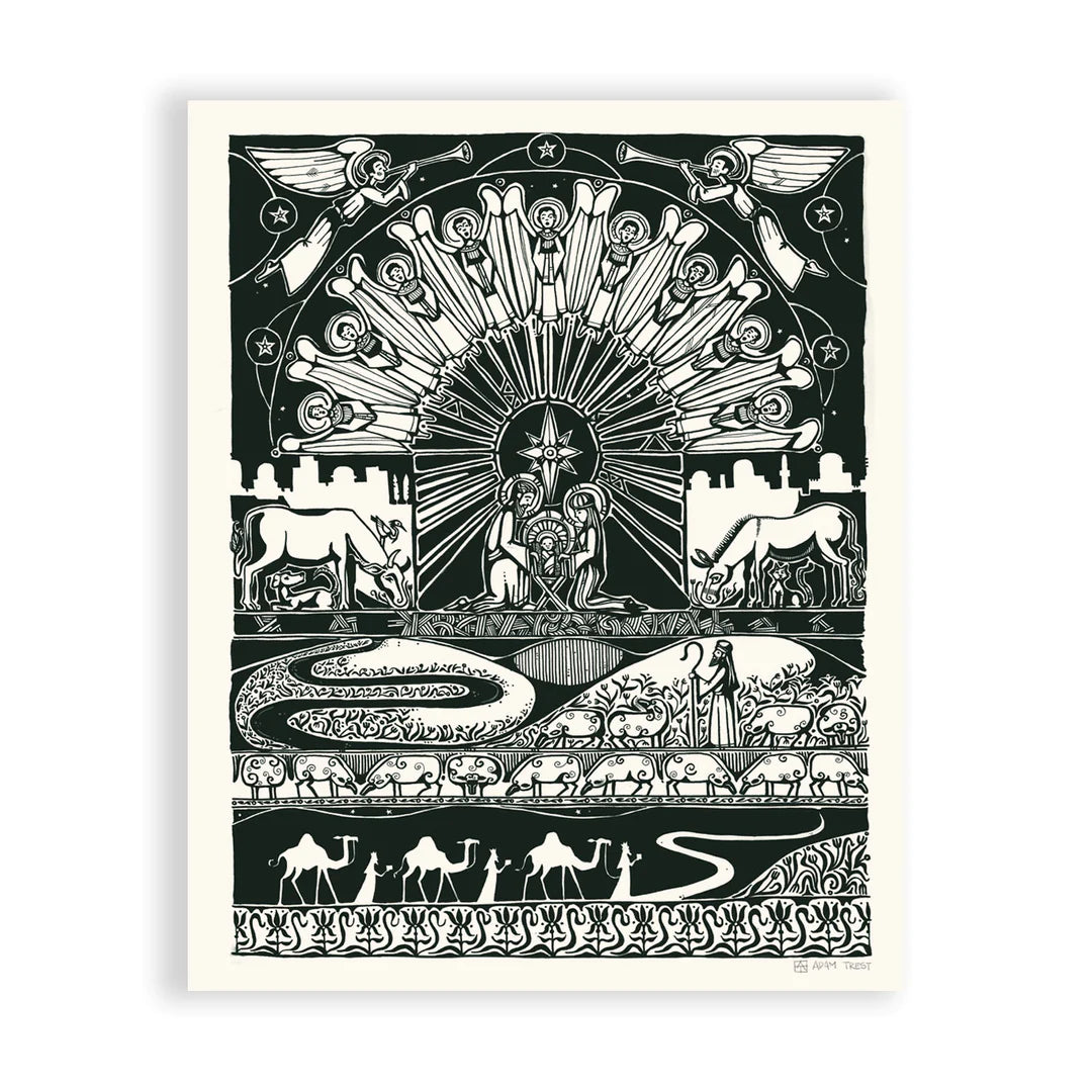 Road To Grace Black and White Christmas Nativity Print by Adam Trest