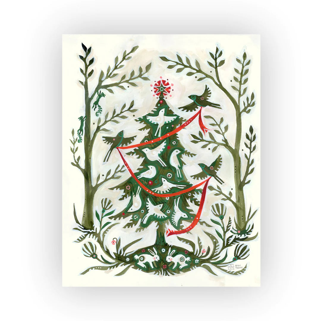 Birds Trimming a Christmas Tree Art Print by Adam Trest