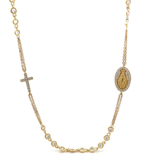 9ct Gold 3 tone rosary beads necklace Italy. Miraculous medal cross