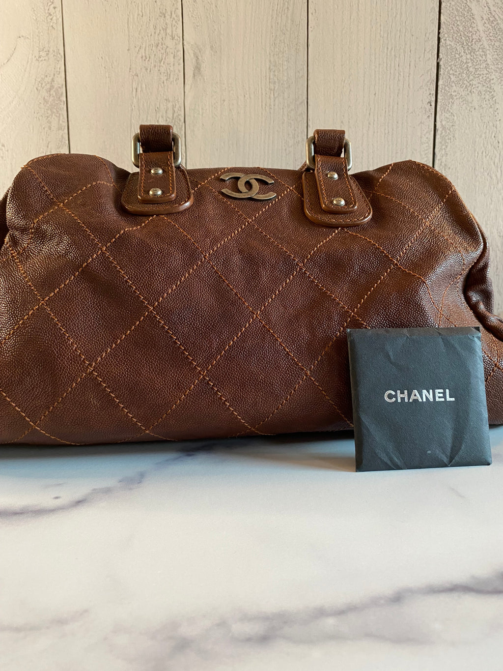 CHANEL CC Logo Quilted Caviar Leather Doctor Bag Brown