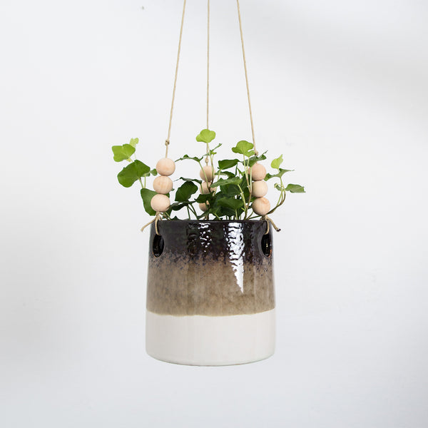 Handmade Stoneware glazed plant hanger with bead detail
