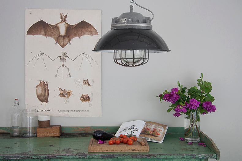 Industrial pendant light with black enamel shades and cage