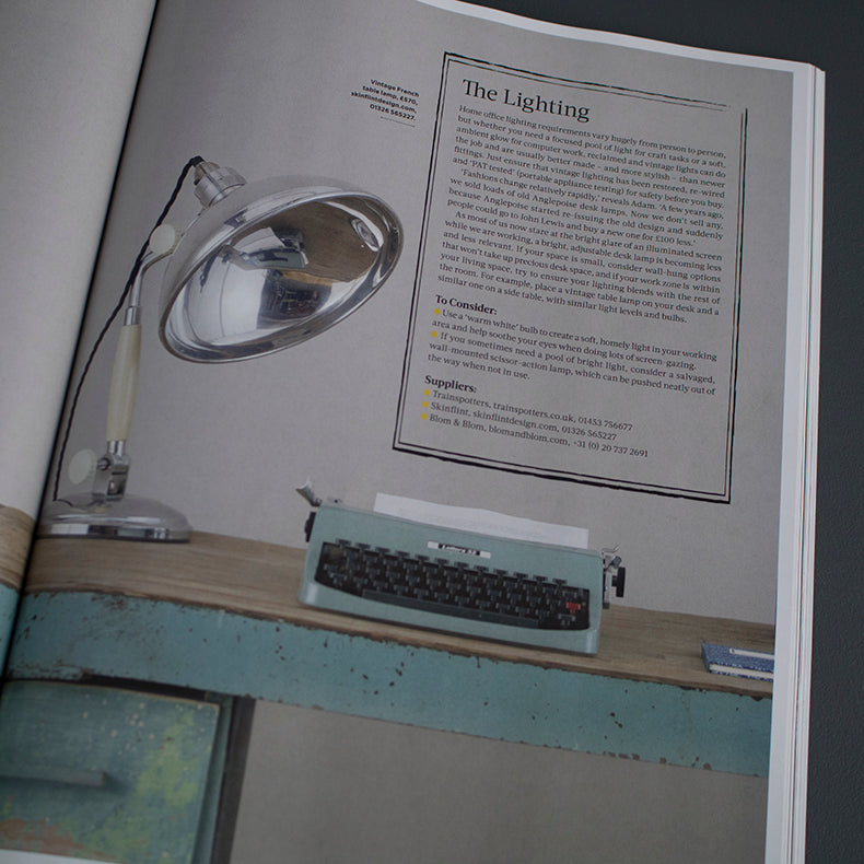 Reclaim magazine featuring skinflints vintage French desk light