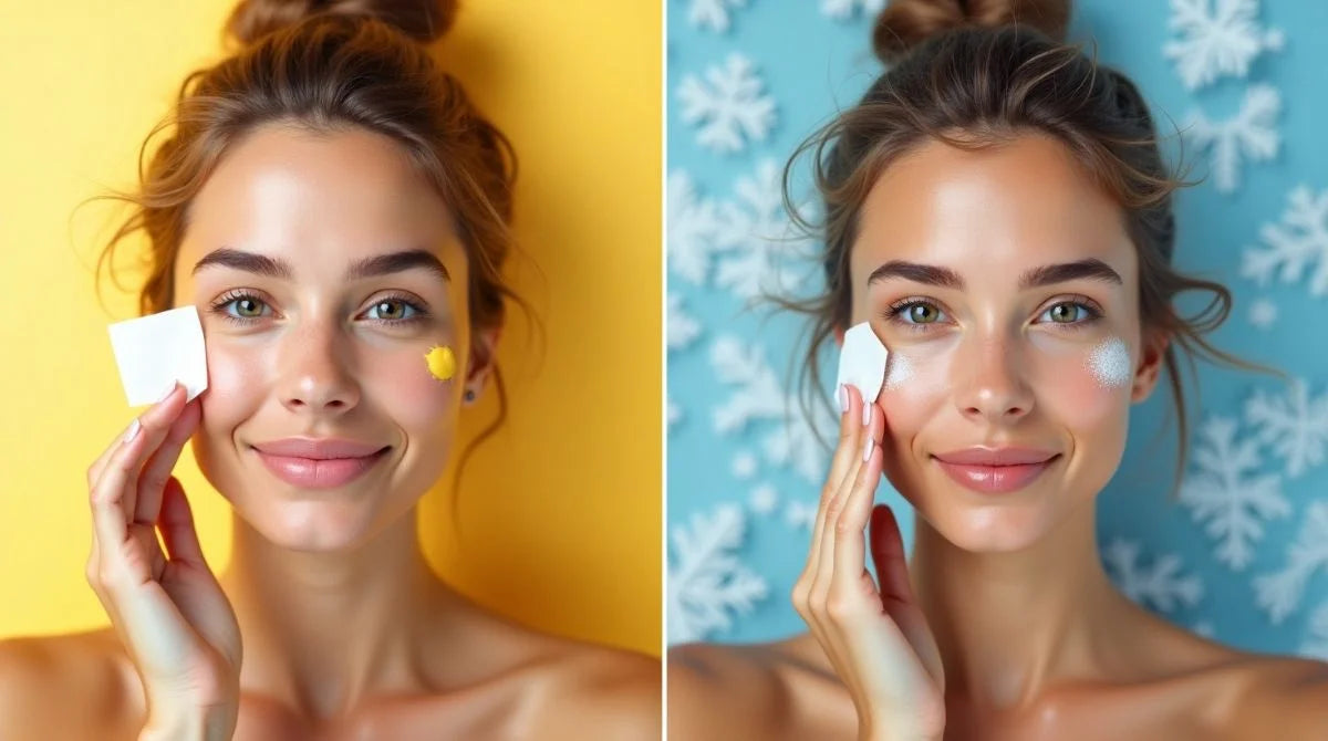 Woman applying skincare with cotton pad in summer and winter backgrounds.