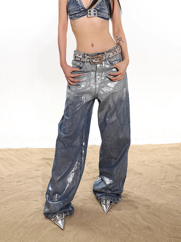 Coated Glossy Casual Graffiti Jeans