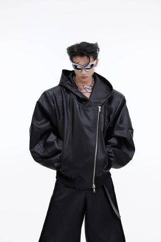 Niche Design Zip Hooded Leather Jacket