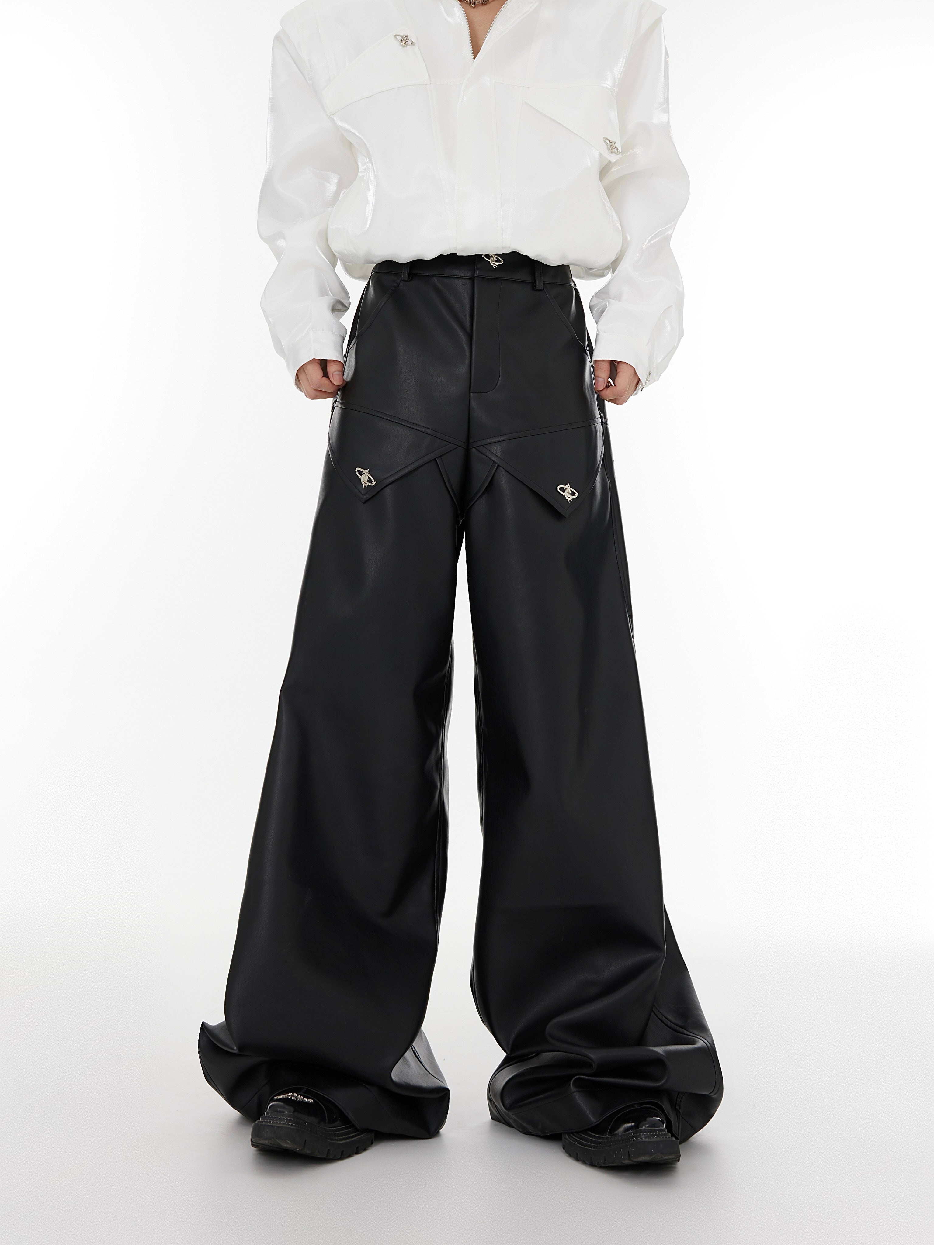 AKM】 Loose Glossy Leather Pants with Large Pockets