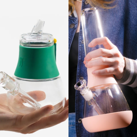 Side by side comparison of the bong vs bubbler on person's palm