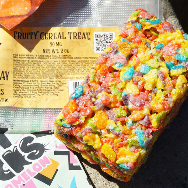 A colorful cannabis-infused cereal bar