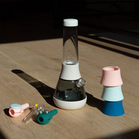 Lineup of Weeday's modular bongs and color variations, showcasing its unique modular feature.