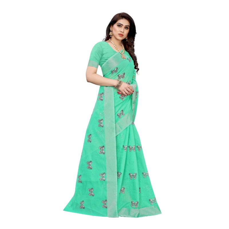 Generic Women's Linen Blend Digital Print Saree With Blouse (Rama, 5-6 Mtrs)