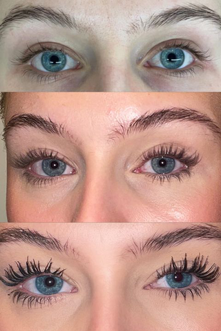 3 different images show a woman's eyelashes as they progressively become longer-looking