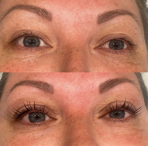 A before and after photo of a woman's lashes before and after a lash lift treatment