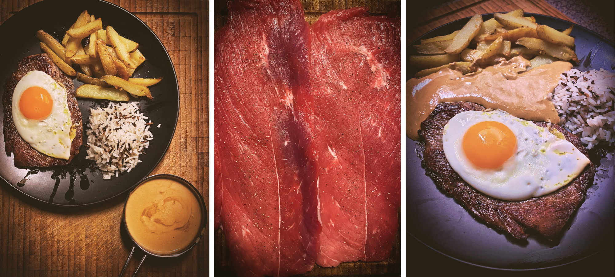 BITOQUE COM MOLHO „ESPECIAL, Rezept von Randolph Kroening. Teller mit Steak, Reis, Kartoffelspalten und Soße