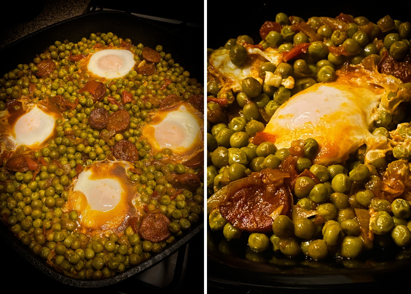 Ervilhas com ovo escalfado – Grüne Erbsen mit pochierten Eiern angerichtet auf einem schwarzen Teller