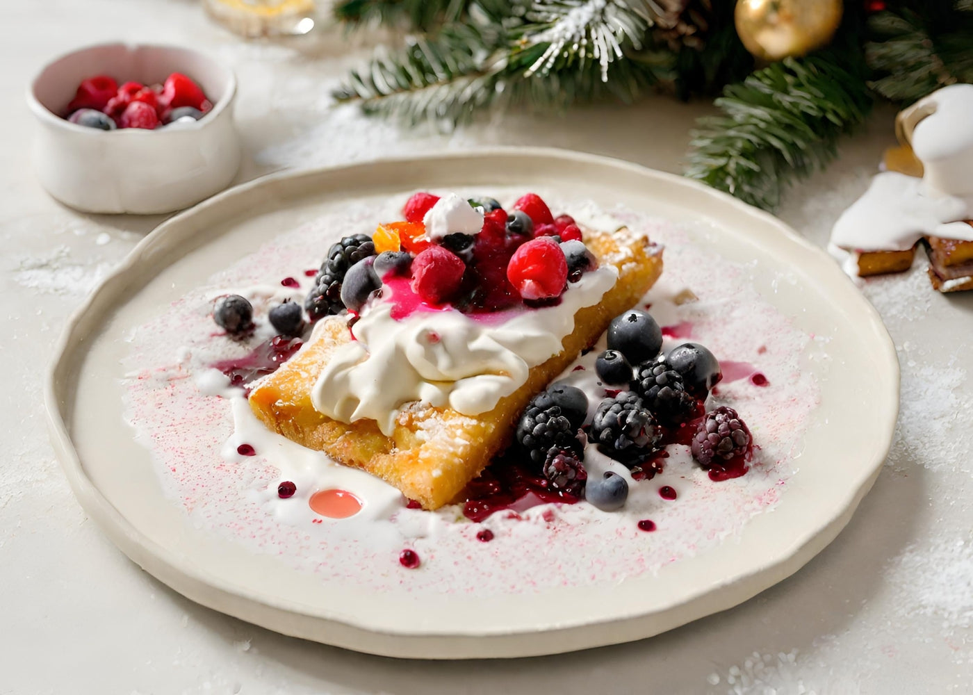 Bild mit weißem Teller in weihnachtlicher Deko. Auf dem Teller folgendes Gericht: Rabanadas mit heißen Waldfrüchten und Creme-Fraîche