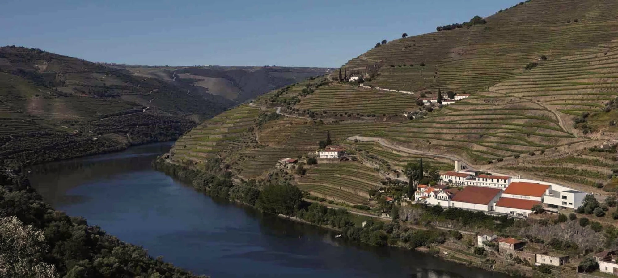 Weinberge entlang des Douro Flusses, ebenfalls auf dem Bild zu sehen das Weingut der Quinta de la Rosa am Hang gelegen.