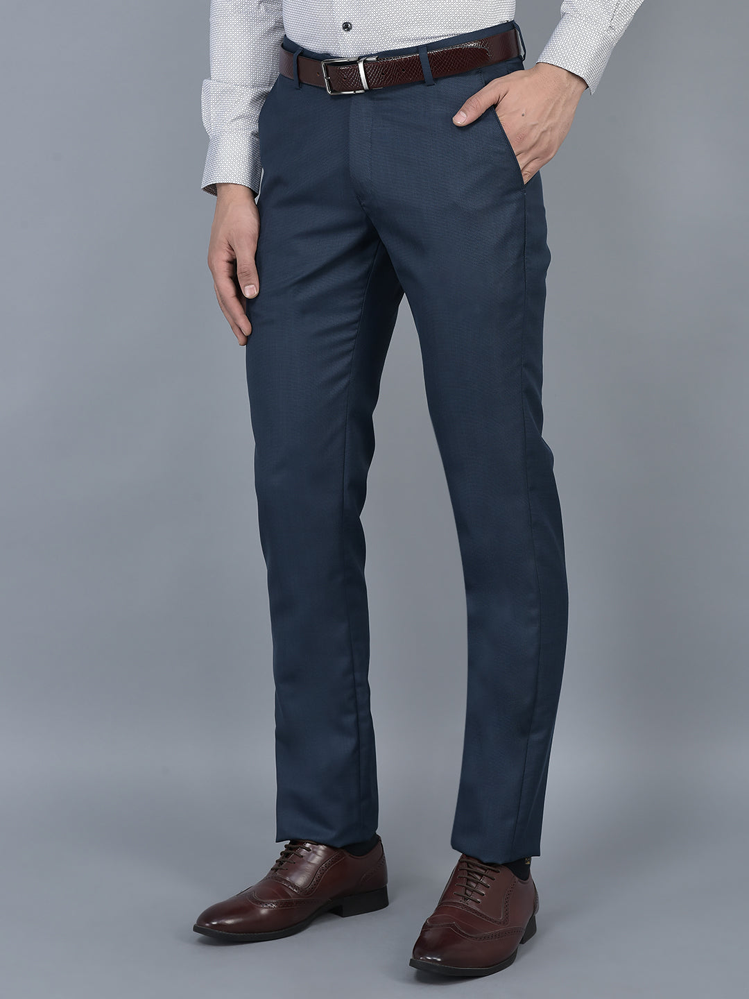 Buy Arrow Men Navy Dobby Weave Hudson Tailored Fit Formal Trousers   NNNOWcom