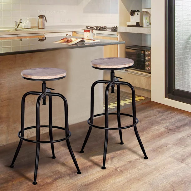 Adjustable Height Swivel Wood Style Bar Stool, Set of 2, Walnut