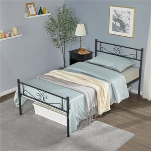 Black Metal Platform Twin Bed with Scroll Design Headboard and Footboard - arikap