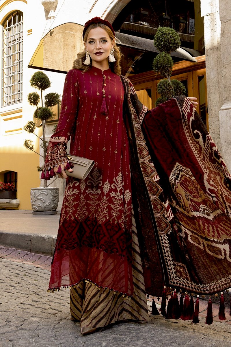 MARIA.B Linen Winter Collection 2020 DL807Maroon and Beige YourLibaas