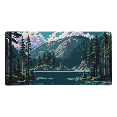 Neduz Designs gaming mouse pad with 16-bit pixel art lake, spruce trees & mountains. Smooth & responsive for gaming. Large & durable.