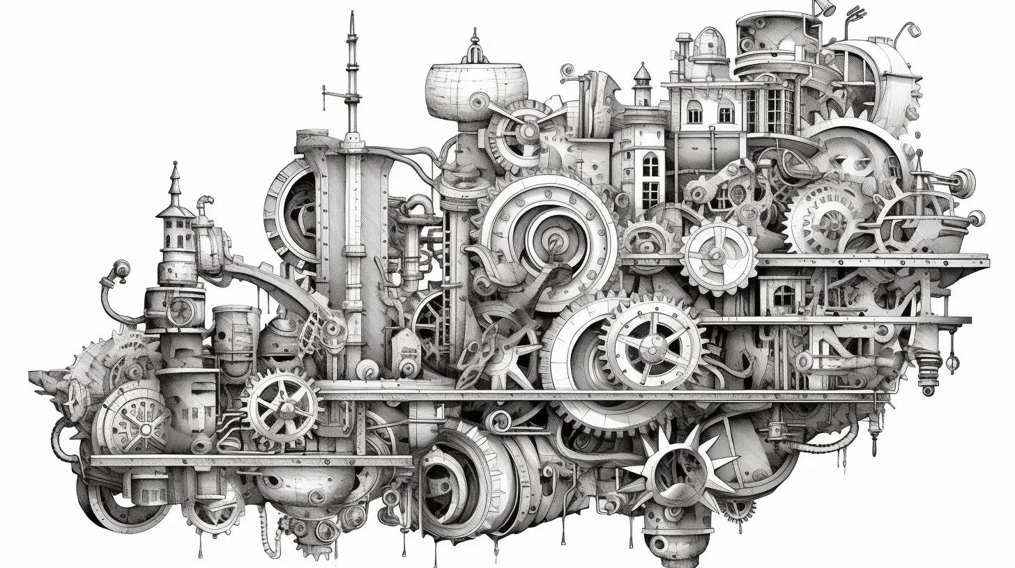 Coloring Book for Adults Page of Steampunk Industrial Mechanisms