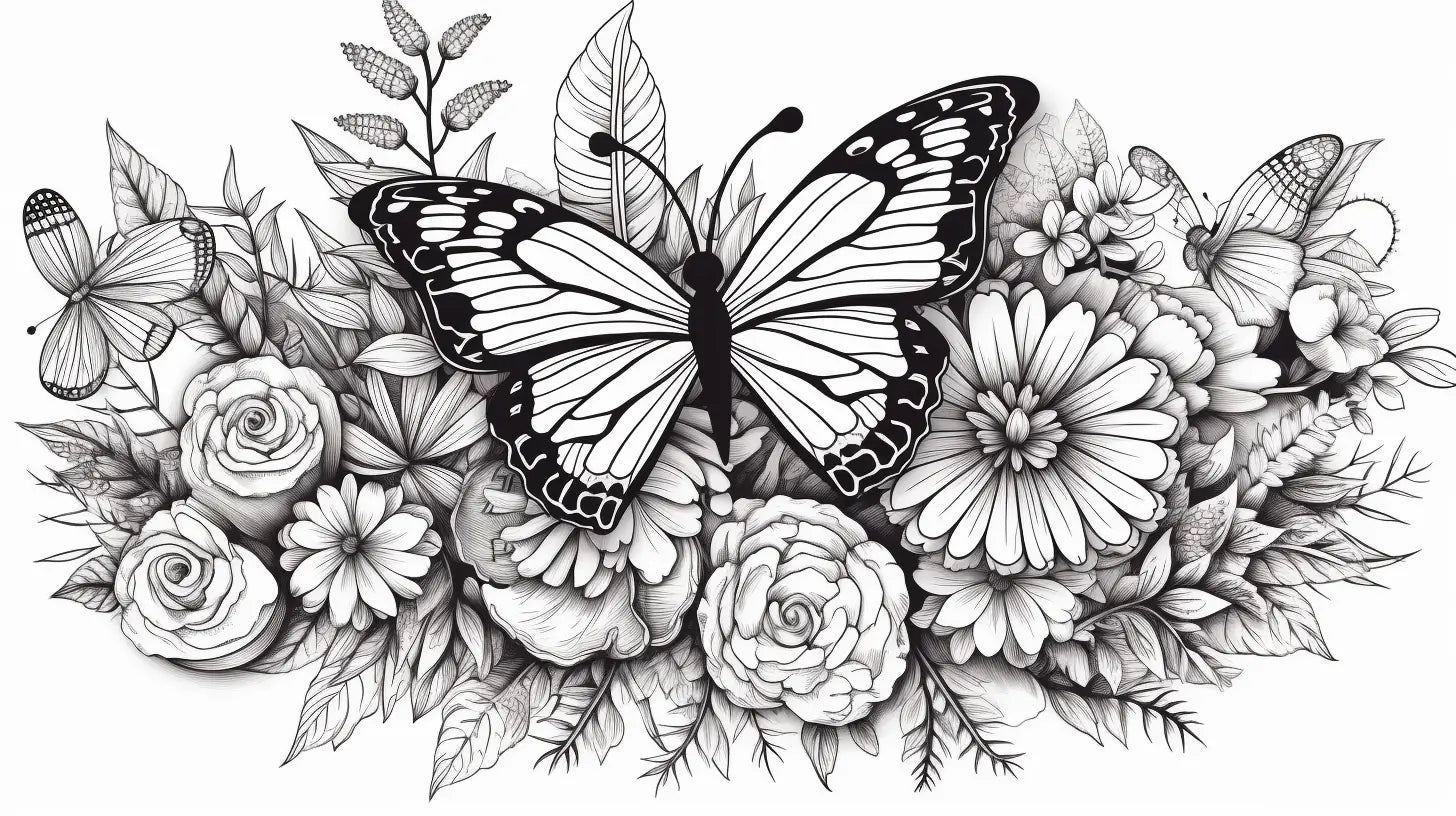 adult coloring book page of a butterfly and flowers