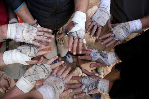 All hands in - Climbers hands taped for crack climbing