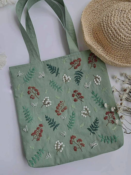 Light Beige Canvas Bag WIth Small Flowers Embroidery